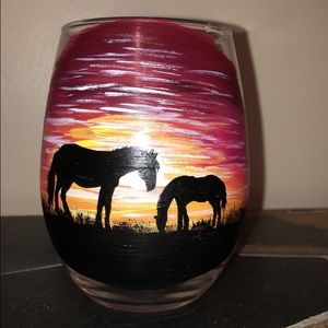 Hand painted horses on stemless wine glass.